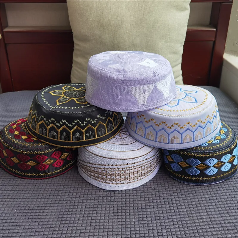 Muslim Hats Polyester Embroidery Arab Men Prayer Worship Hat Turban Musliman Hijab Bonnet Saudi Arabian Islam Prayer Caps