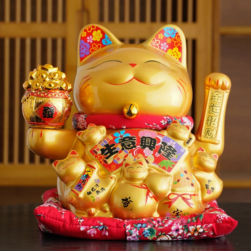 10.6 Inch Golden Ceramic Lucky Cat Statue Fortune Cat Waving Arm Figurine Beckoning Cat Business Figure with Gift Box