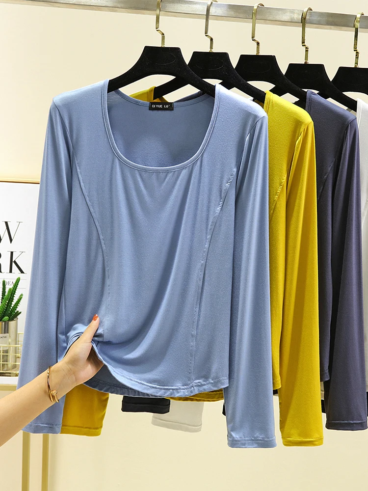 فضفاضة تناسب طويلة Sve مشروط قاعدة irt المرأة الخريف رقيقة لون نقي عادية تي شيرت كبير الحجم ساحة طوق قاعدة طبقة علوية