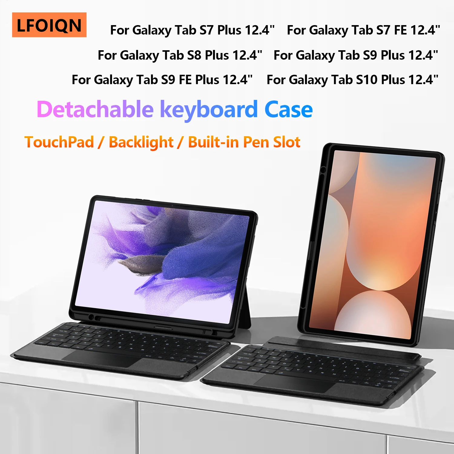 Kabellose BT-Tastaturhülle für Samsung Galaxy Tab S10+ S9+ S9 FE+ S8+ S7+ S7 FE 12,4 Zoll S10/S9/S8/S7 Plus Smart Case Abnehmbar