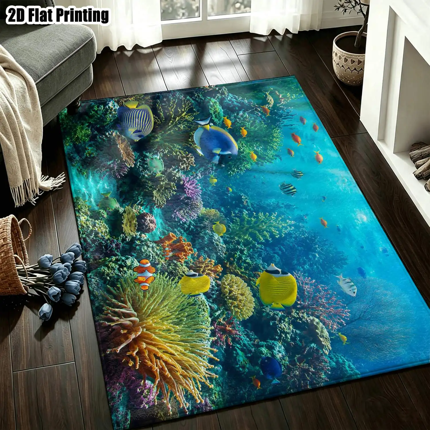 1Pc 2D Printed Colorful Marine Life Pattern Carpets: Nordic, Instagram-Style, Modern Minimalist, European & Vintage Home Decor Rugs, Multi-Size, Machine Washable, Suitable for Entrance/Dining/Foyer/Bedroom/Living Room