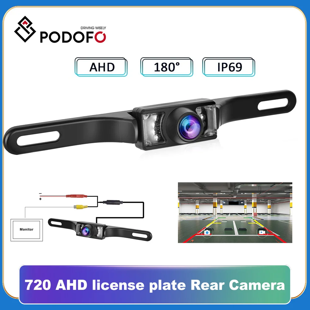 Podofo Car License Plate Rear Camera Reverse Backup Parking System Night Vision Waterproof IP69 AHD Cam for Truck Bus