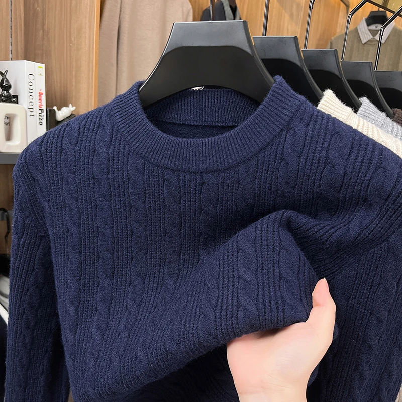 

High Quality Man Long Sleeves Knitted Sweater Round Neck Cable Design Warm British Style Thicken Autumn New Leisure Leisure Mens