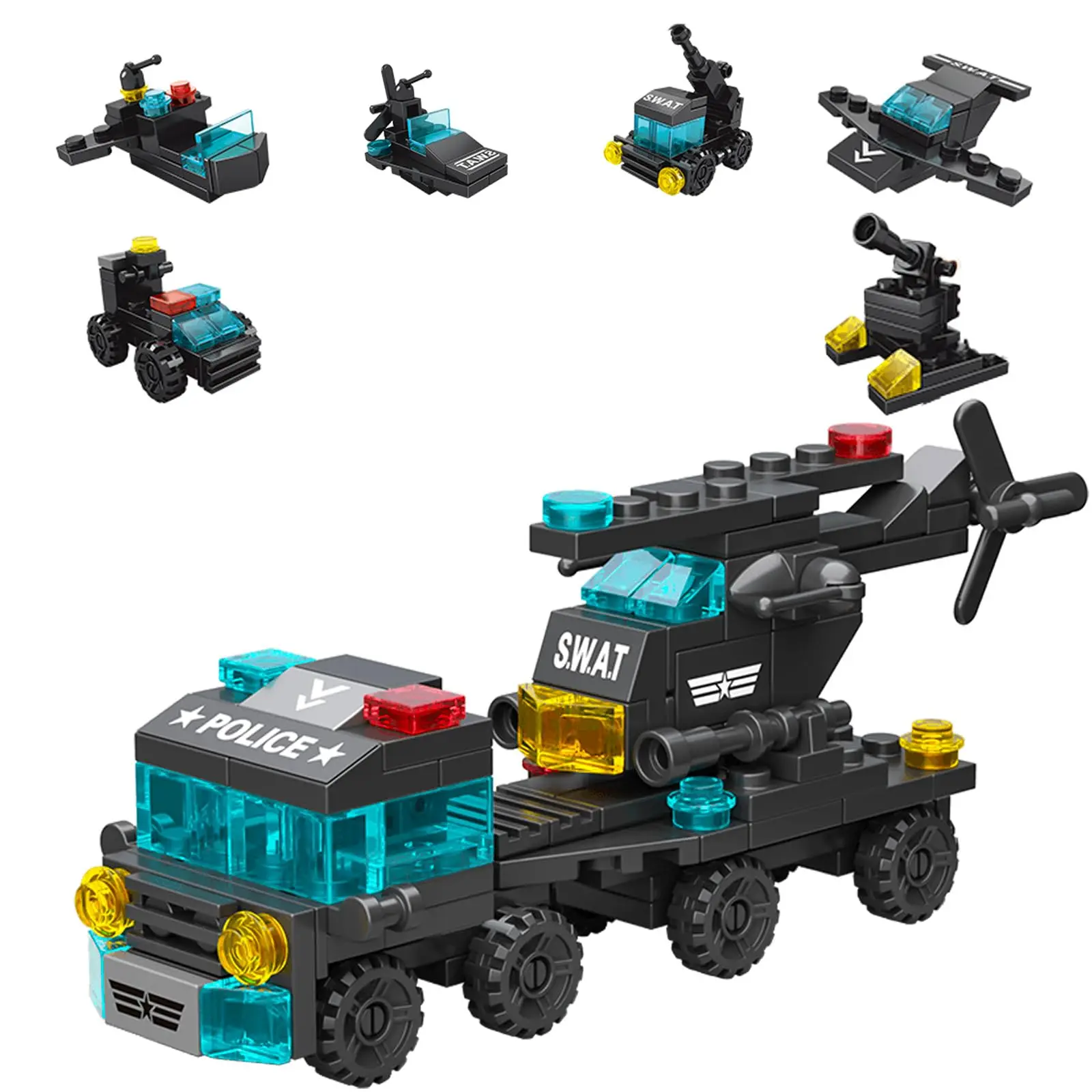 

Special Police Block Toy - 7-in-1 Transforming Police Car Set, SWAT Truck and Helicopter STEM Toy for Kids Aged 6-12, Creative B