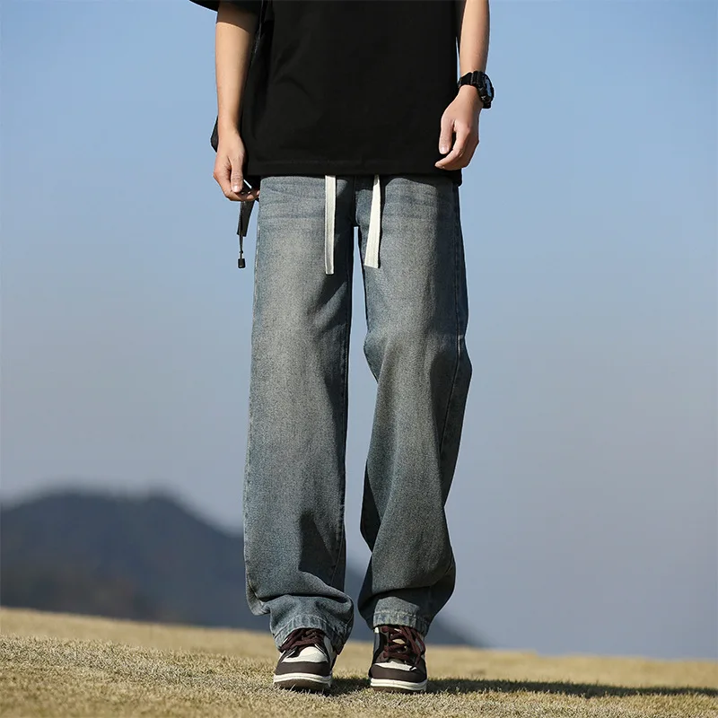 

Американская мода 2025 года, винтажные мужские базовые повседневные модные широкие прямые свободные джинсовые брюки, джинсы на шнурке, брюки, одежда