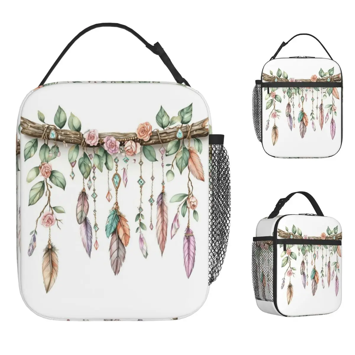 

Feathers On A Branch Lunch Bag Portable Lunch Box Women Travel Graphic Design Cooler Bag Casual Oxford Tote Food Bags