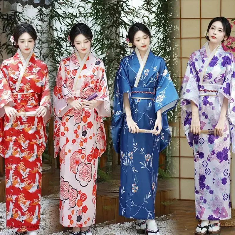 Kimonos elegantes para mujer, vestido tradicional japonés con estampado Obi de flores, vestido de Geisha, disfraz de Cosplay novedoso Vintage