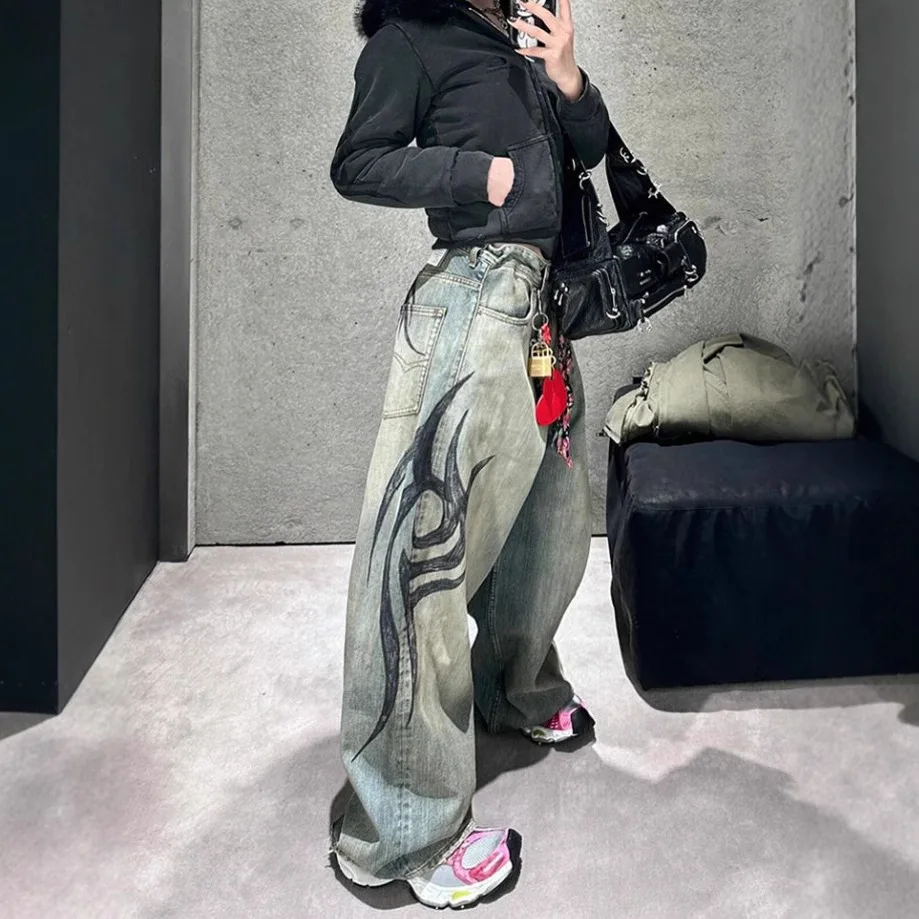 Retro Y2k Print Baggy Jeans Mode Vrouwen Hip Hop Losse Paar Amerikaanse Rechte Wijde Pijpen Broek Gewassen Gescheurde Jeans