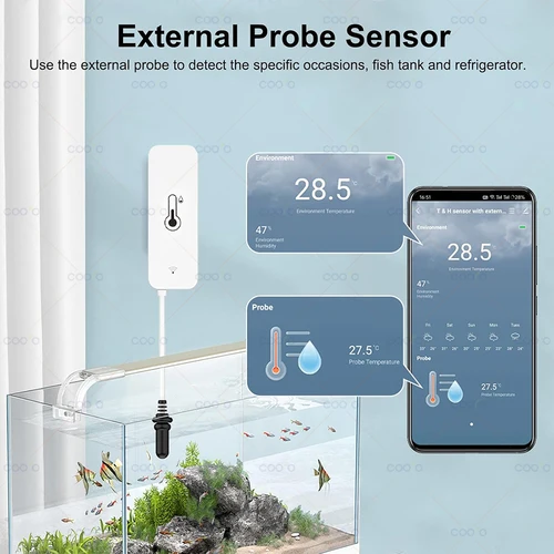 Imagen 2 del producto Sensor de temperatura y humedad WiFi Tuya con sonda externa, termómetro LCD, funciona con el asistente de Google Alexa para refrigerador