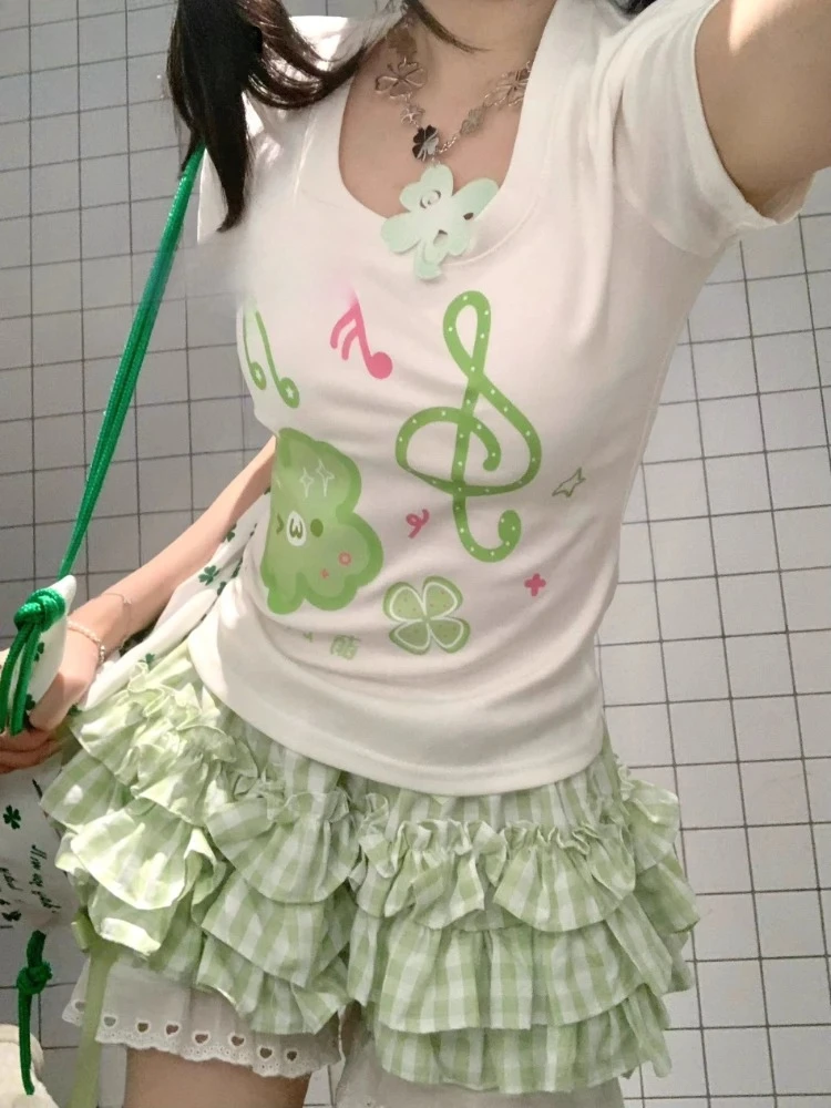 Summer Japanese Style Sweet Kawaii Skirt Set Women Casual Cute Print Tops + Y2k Fluffy Lace Shorts Hot Girl Fashion 2 Piece Set