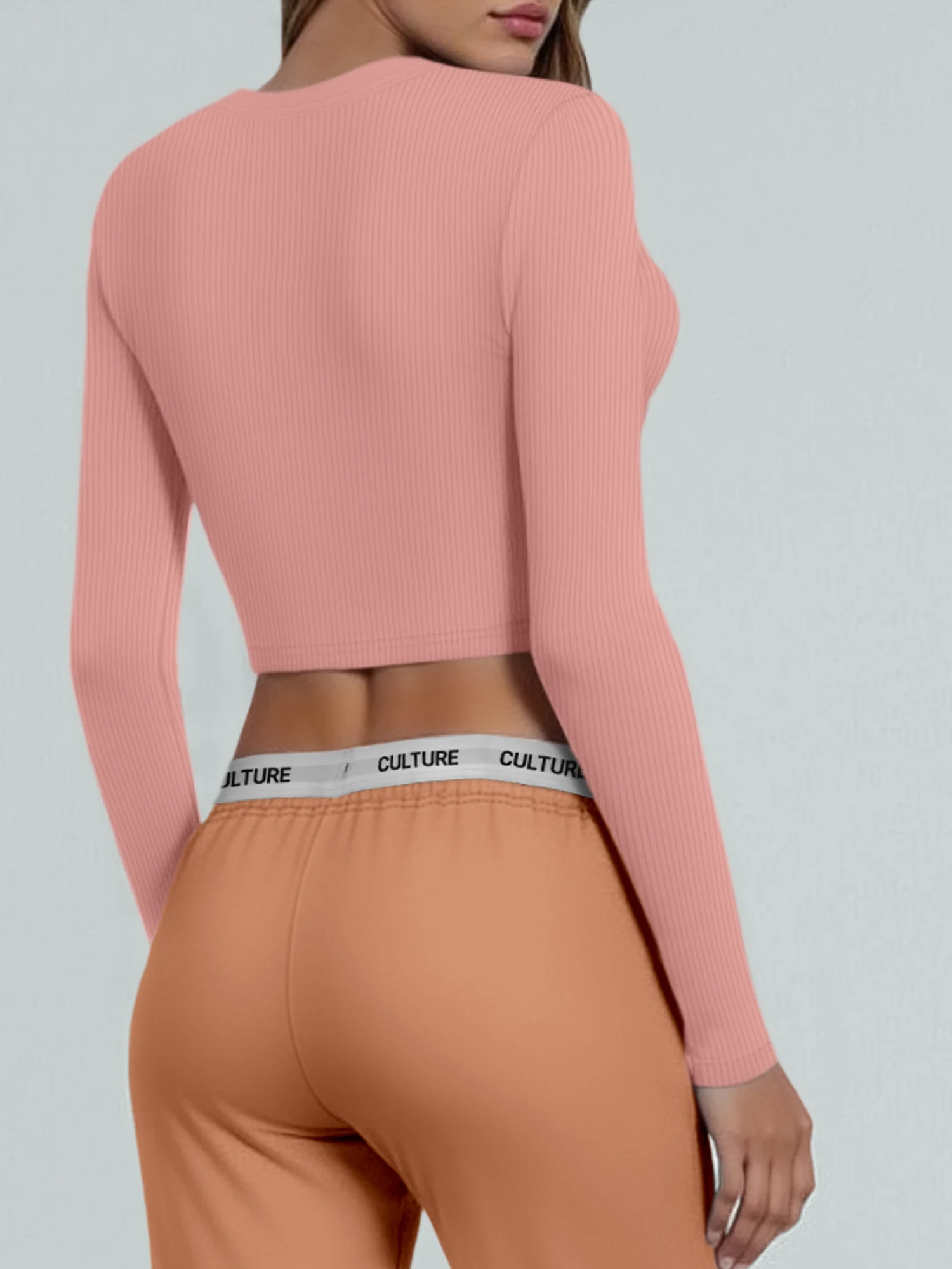 Daily Workout Breathable Ribbed Knit Crop Top Women Big U Neck Long Sleeve Slim Stretchy Inner Tops