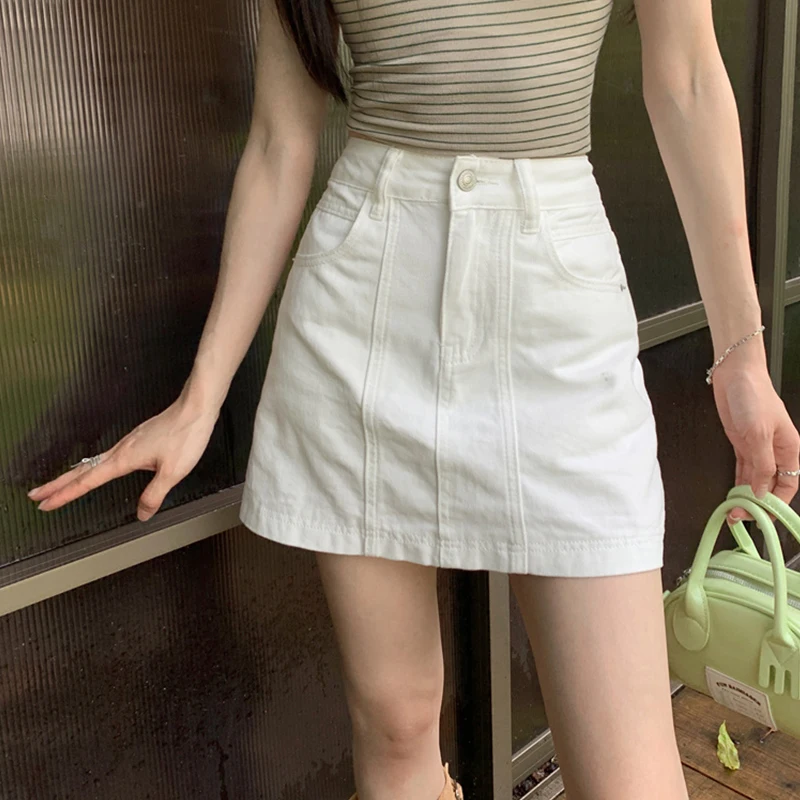

2025 Trend Women's Y2K Jeans Skirt Vintage White High Waist Denim A-Line Skirt Anti-Slip Lining Bodycon Elegant Style 2701