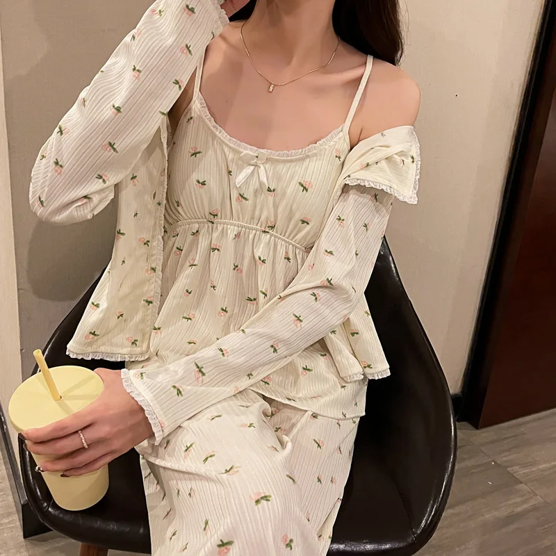 New Ladies Pajamas Set 3Pcs Cardigan+Camisole+Pants Cotton Femme Sleepwear Spring Autumn Comfort Loose Homewear