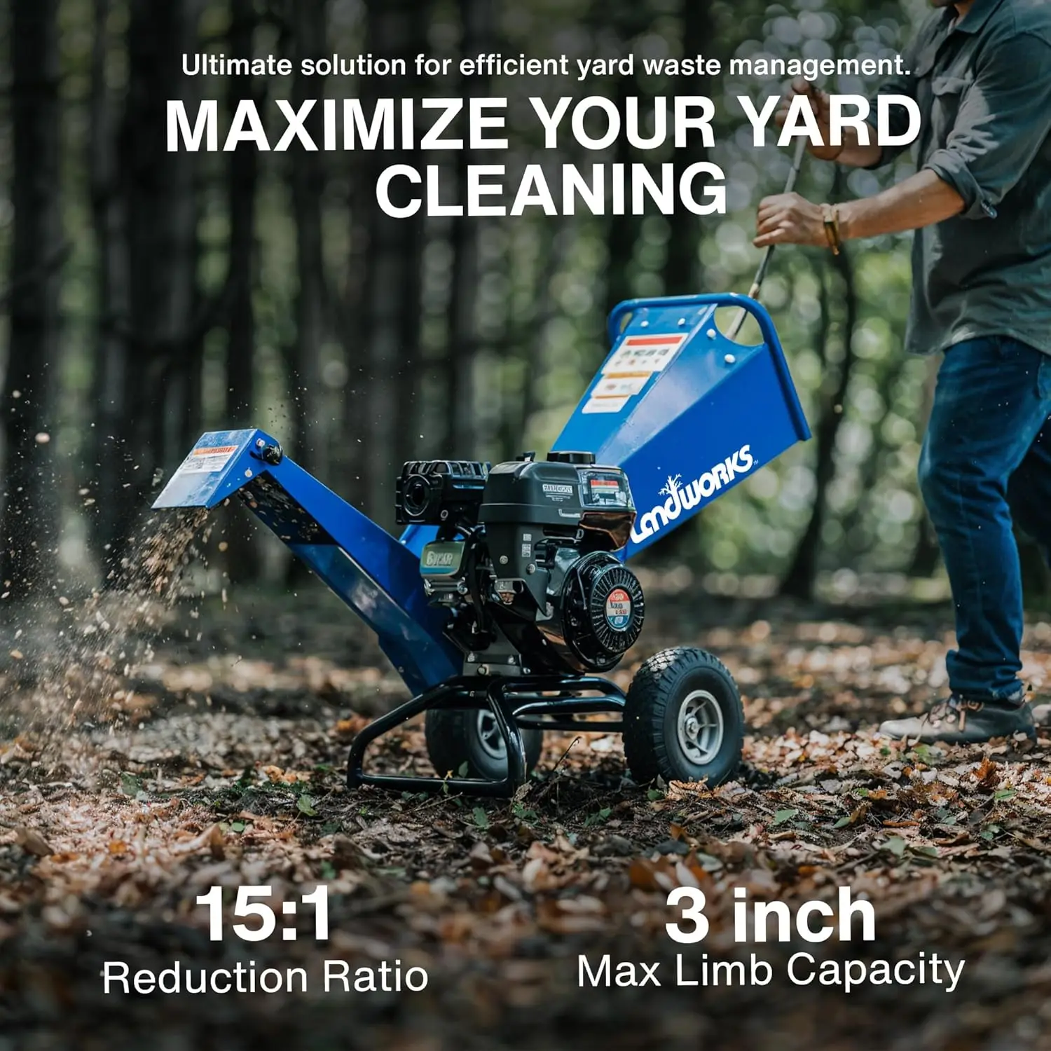 Mulcher triturador de madeira, resistente, alimentado por gás de 7 HP, conjunto de rotor compacto, capacidade máxima de 3 polegadas