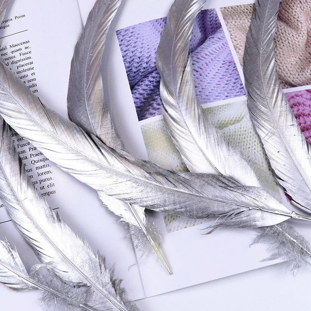 10 pcs/lot Printing Gold&Silver Color Rooster Tail feather 25-30cm Feathers for Wedding Party Decorative plume Crafts