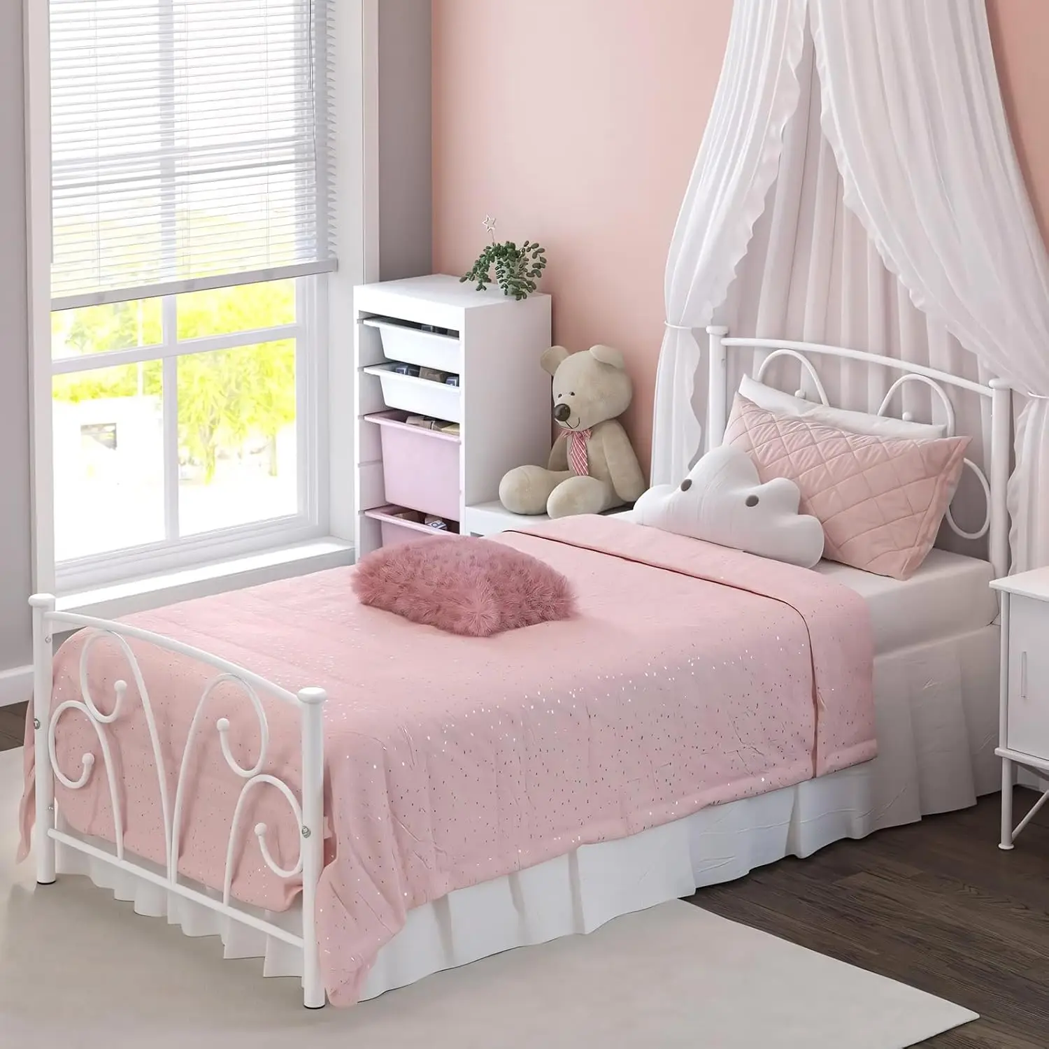 

Twin Bed Frame with Headboard, Metal Platform Bed Frame with 12 Inch Storage Space No Box Spring Needed (White)