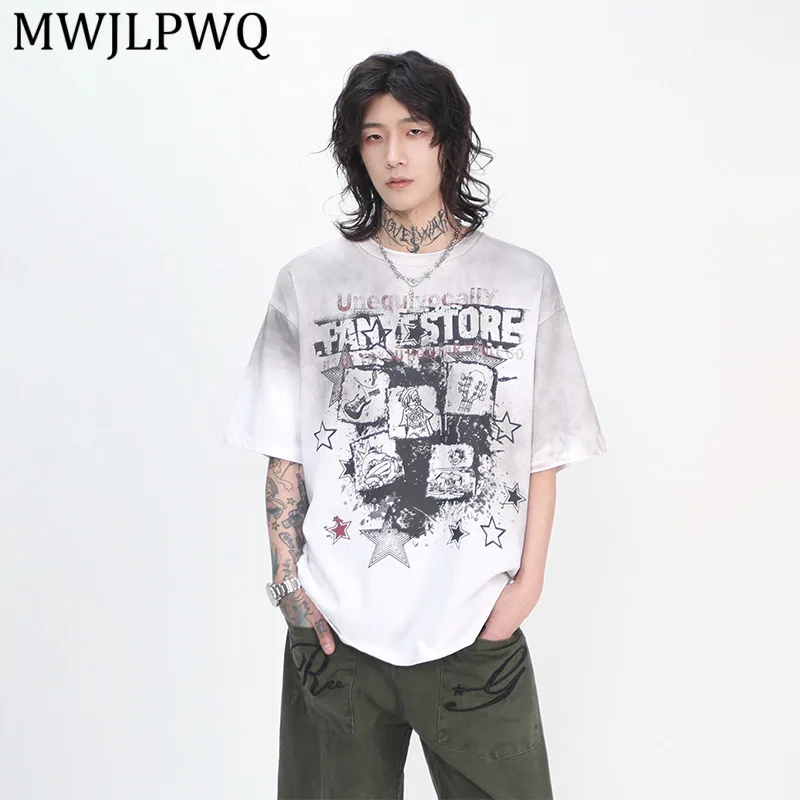 

MWJLPWQ American Trend Gradient Graffiti Design Niche T-Shirt Men Short-Sleeve Loose Fit Street Style Distressed Wash Tops 14986