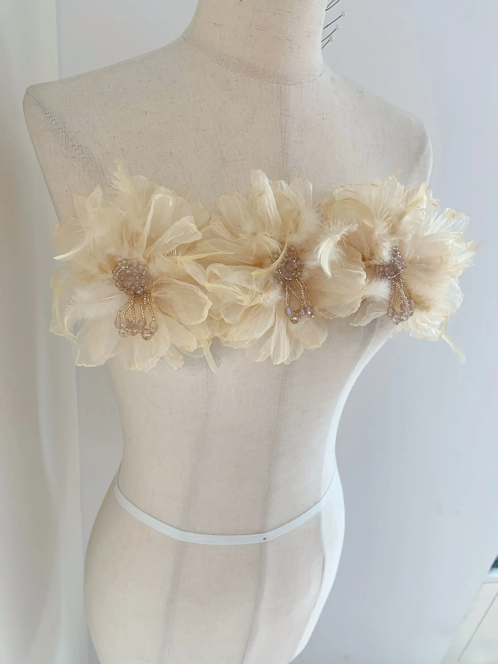 3 Pieces Apricot Organza Flower With Feathers Heavy Floral Applique, 3D Flowers Applique With Beads And Rhinestones For Couture