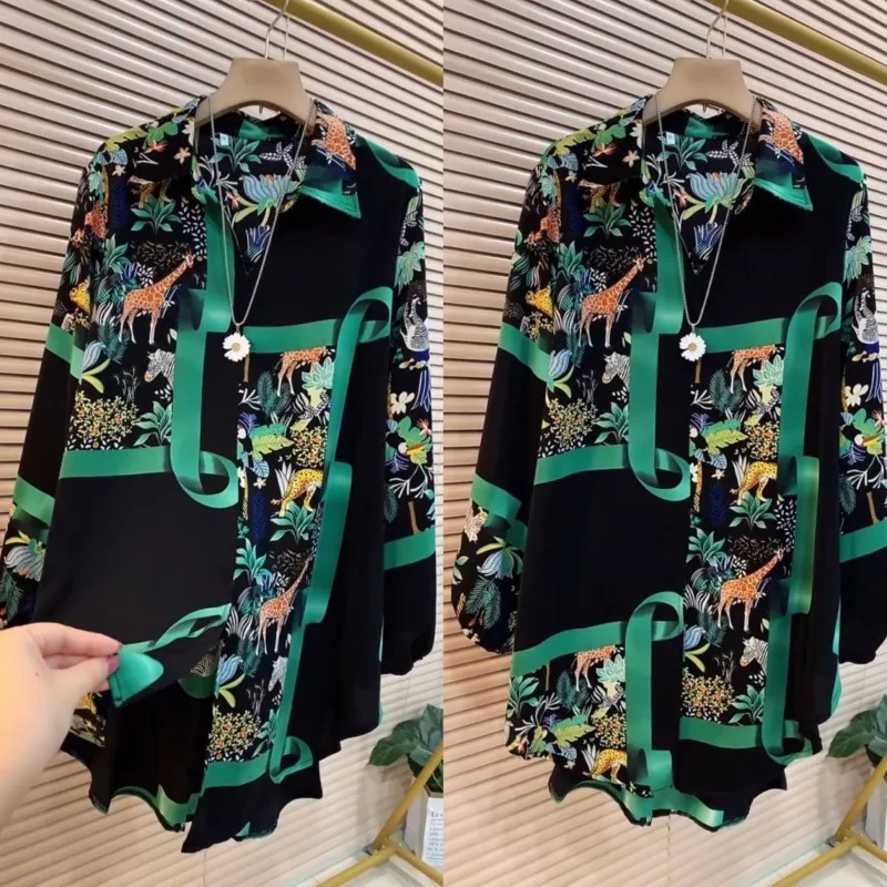 Camisa de gola polo feminina, manga comprida, estampada leopardo, tops de botões, cardigã de manga solta, plus size, elegante, primavera e outono