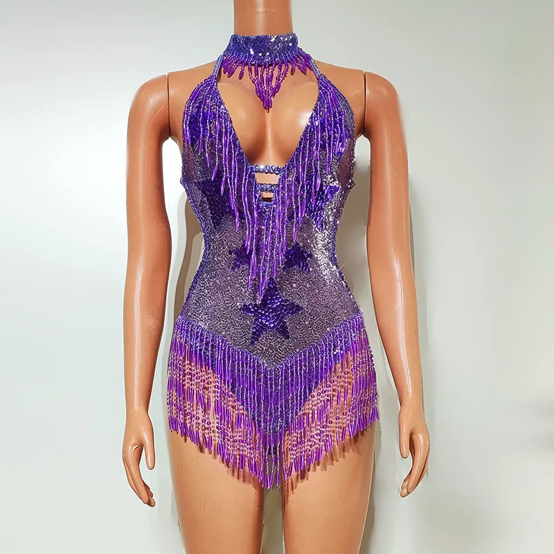 Shiny Purple Tessel Bodysuit Sexy Pole Dance Costume Gogo Show Dancer Clothes Nightcluba Bar Dancewear Drag Queen Outfit VDL2299