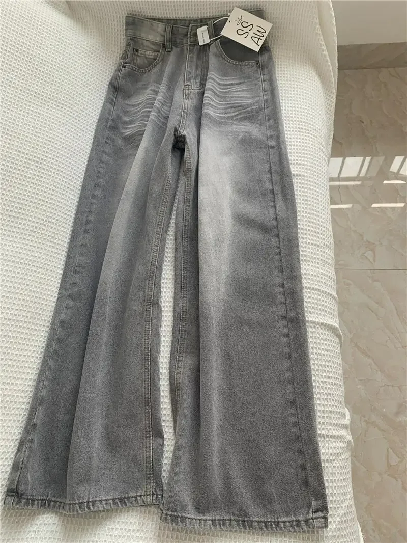 

Женские серые джинсы Y2K с широкими штанинами в американском ретро-стиле, летние, с высокой талией, свободного кроя, прямые, в пол, с эффектом стройности