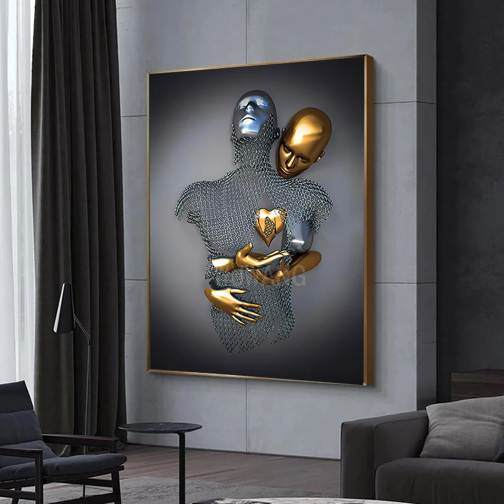 Abstract 3D Romantic Lover Metal Figure Statue Canvas Painting Posters Prints Wall Art Picture For Living Room Decor Home Decor