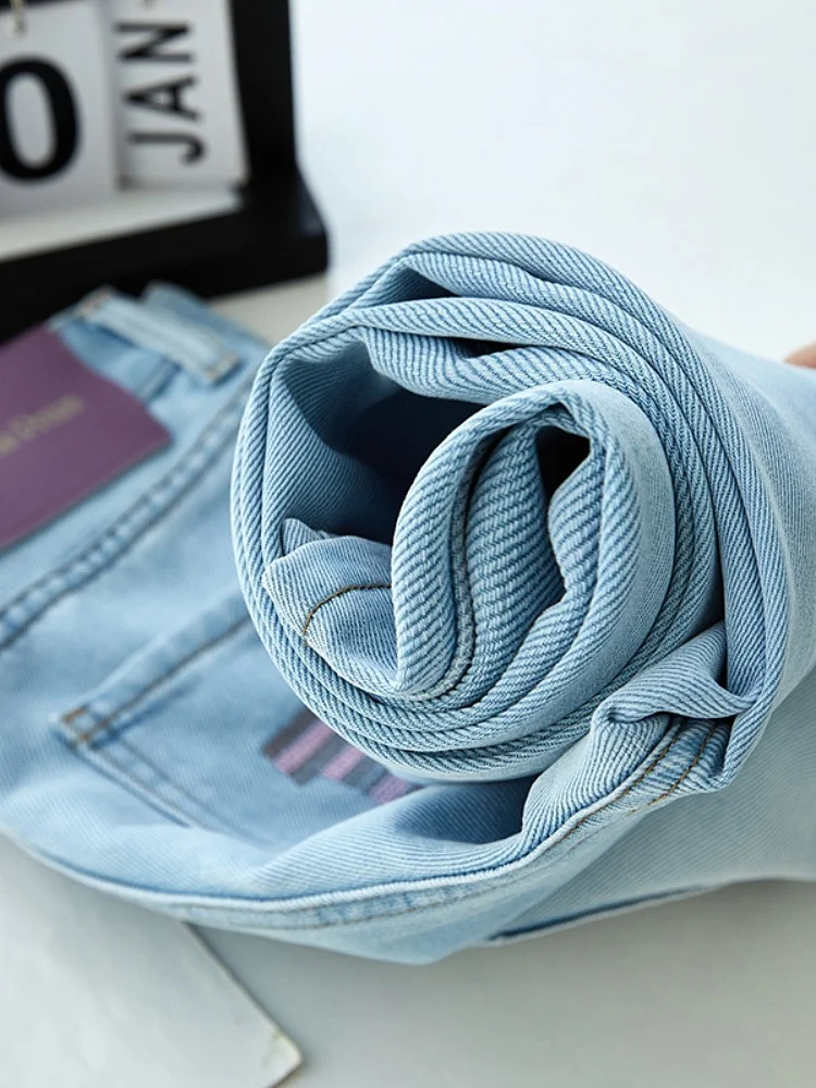 Verão fino bordado cintura alta perna larga jeans feminino corte reto emagrecimento fino ajuste longo algodão poliéster mistura