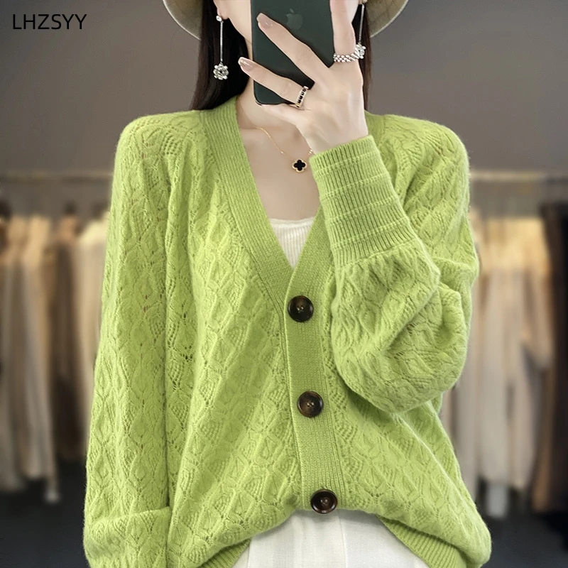 

LHZSYY Spring Autumn New Cashmere Cardigan Ladies V-Neck Loose Jacquard Jacket Hollow-out Coat Sweater Fashion Knit Women Blouse