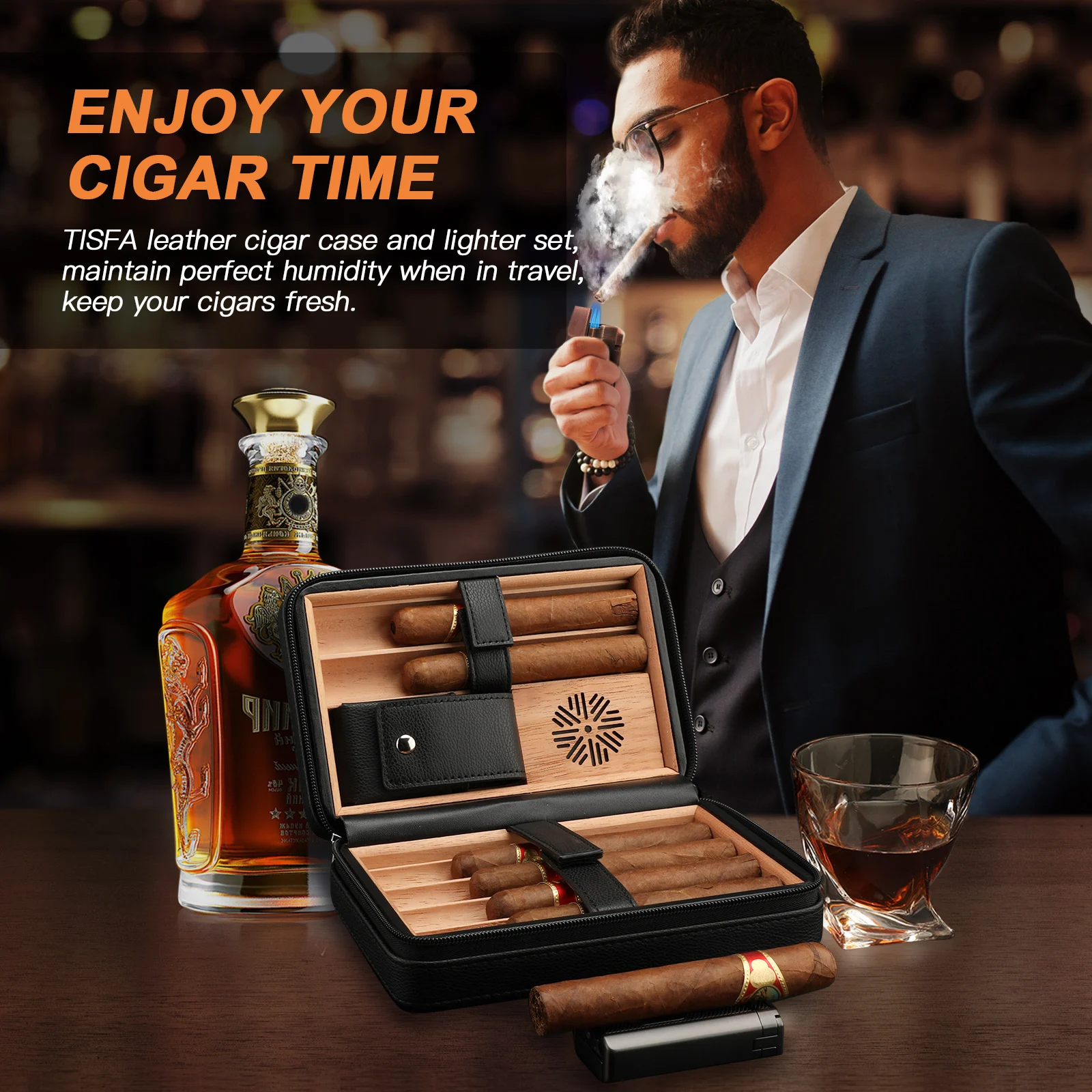 Cigar Humidor, Leather Cedar Wood Cigar Case with Cigar Lighter, V Cut Cigar Cutter,Cigar Holder 3 in 1 Travel Cigar Humidor Box