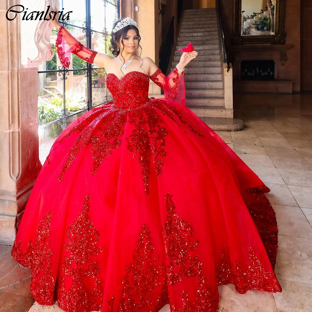 Gaun pesta lengan ruffle dapat dilepas merah gaun Quinceanera korset renda applique berpayet Vestidos De 15 a00os