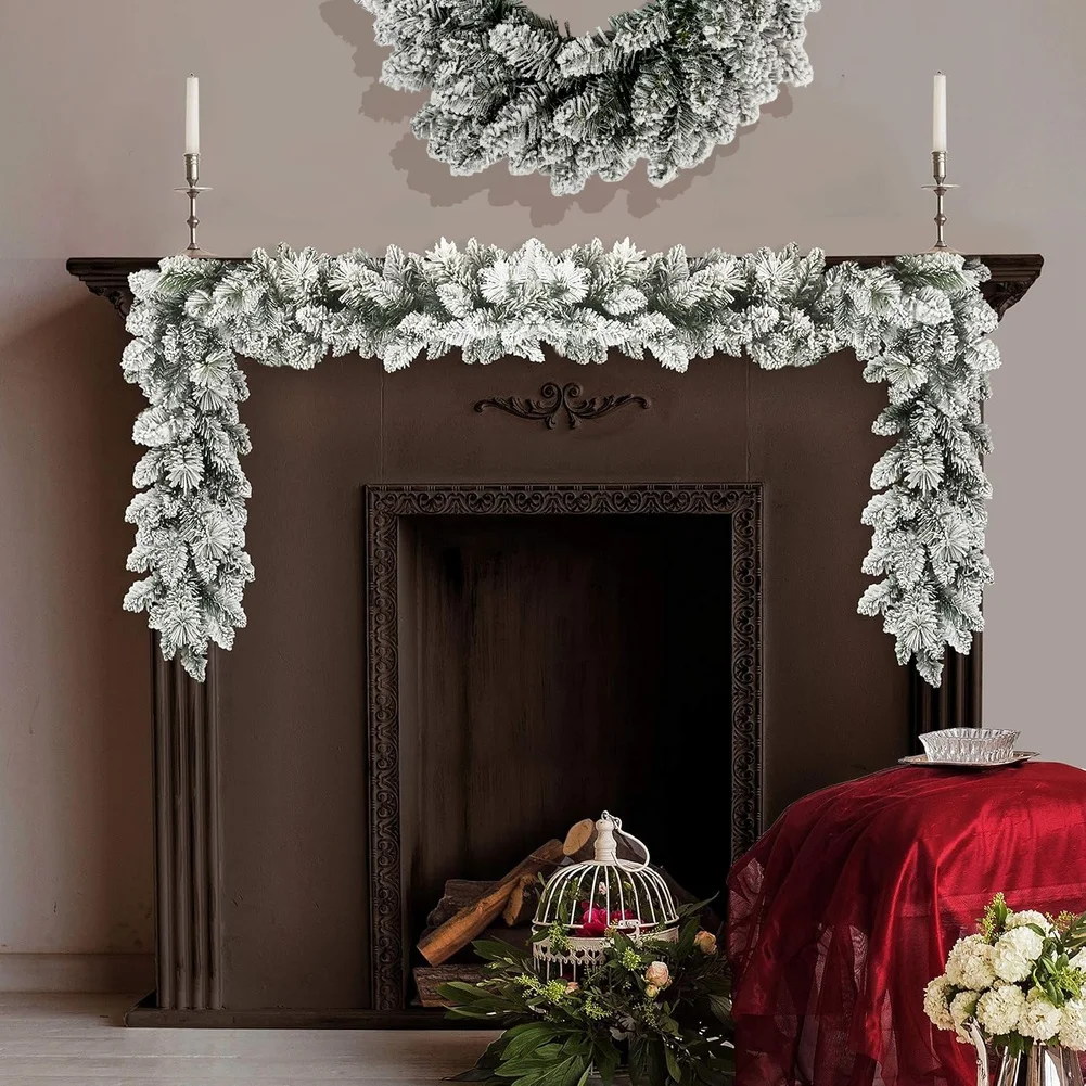 Flocked Christmas Garland Rattan Wreath Artificial Snow Pine Vine For Stair Front Door Holiday Home Decoration Ornaments