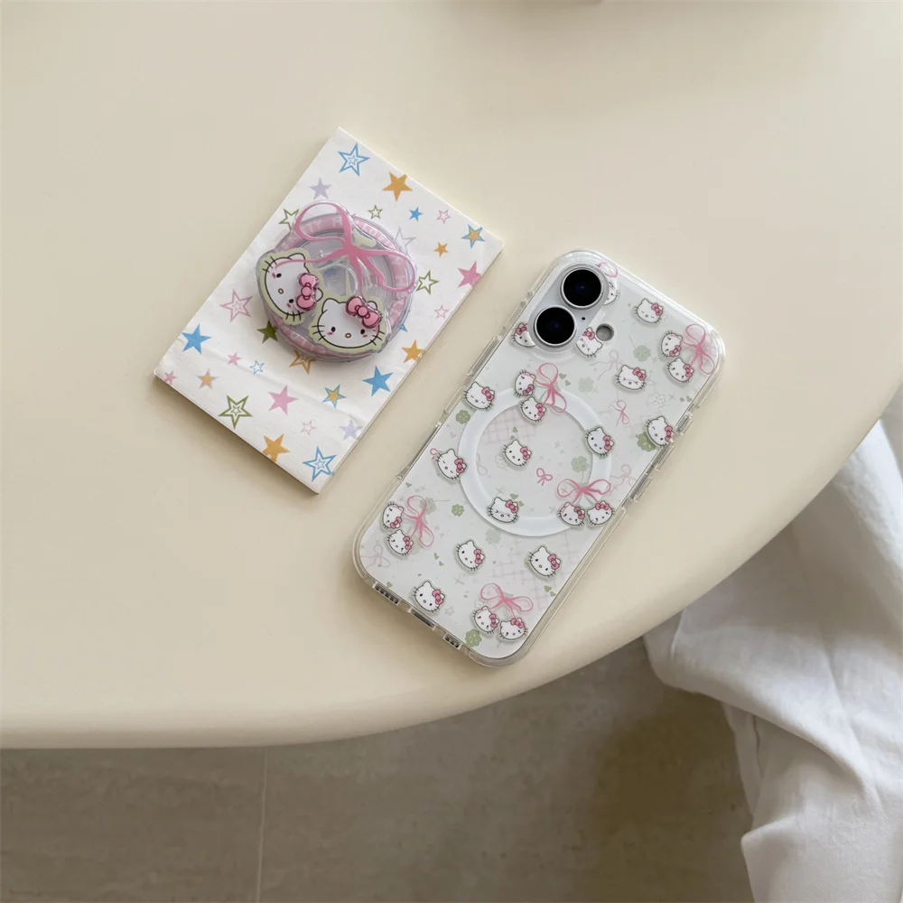 かわいいリボンのハローキティ、iPhone 14、15、16 Pro Max、14 Pro対応の新型スマホケース、マグネット式スタンド付き耐衝撃保護カバー1