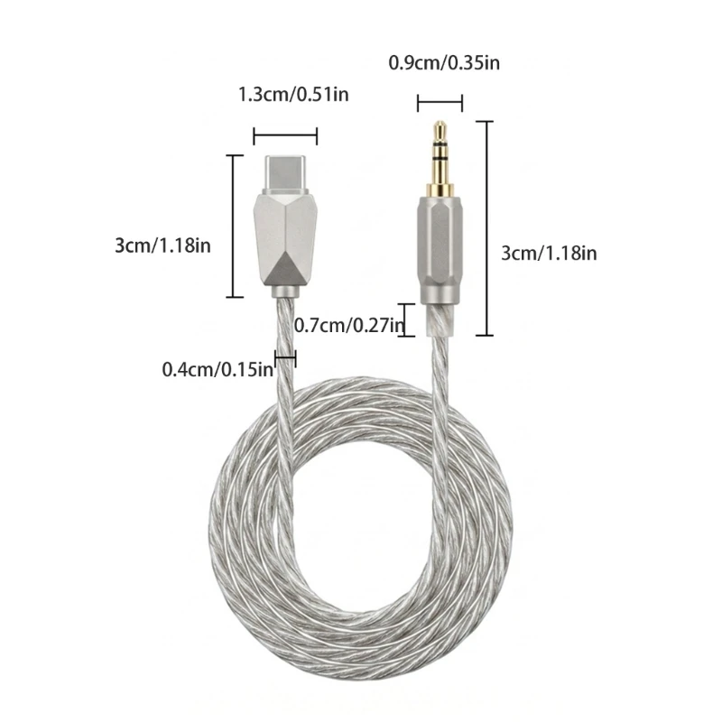 Speaker Use Type C 3.5mm Male Cable with Silver Tone Cord and Gold Tone End for Vehicle Music Connection and Routine Shelf