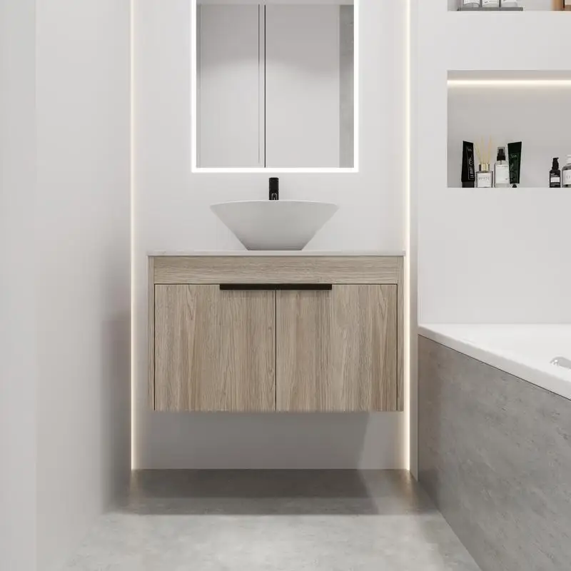 

Modern Design Bathroom Vanity Set with Ceramic Basin, Wall-Mounted White Oak Vanity, Soft Close Door, KD Packing, 2 Pieces