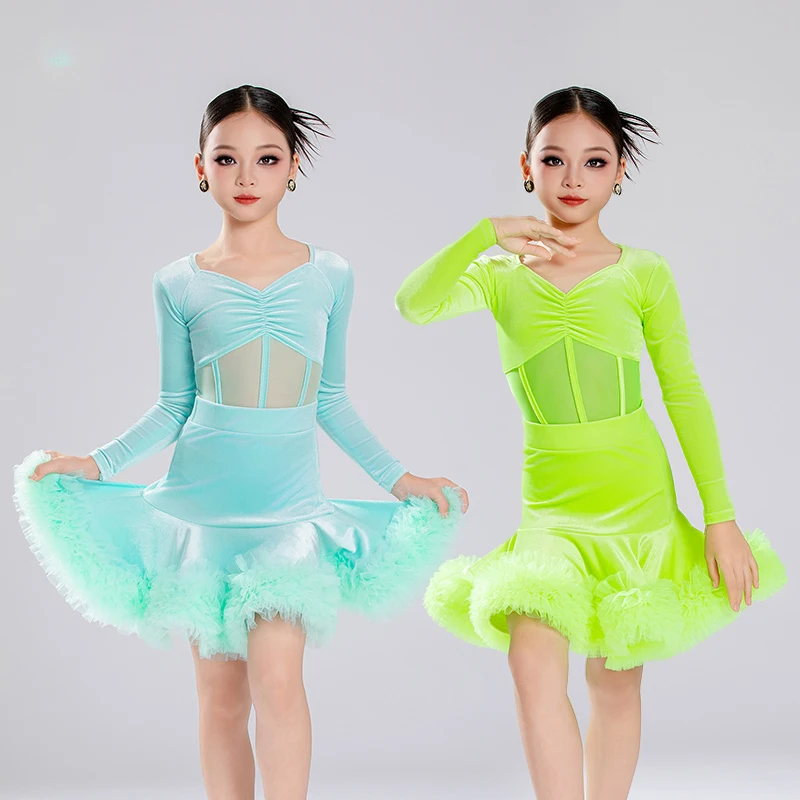 

Dance Tianjiao Girl Latin Dance Bright Velvet Practice Dress Long Sleeve Lace