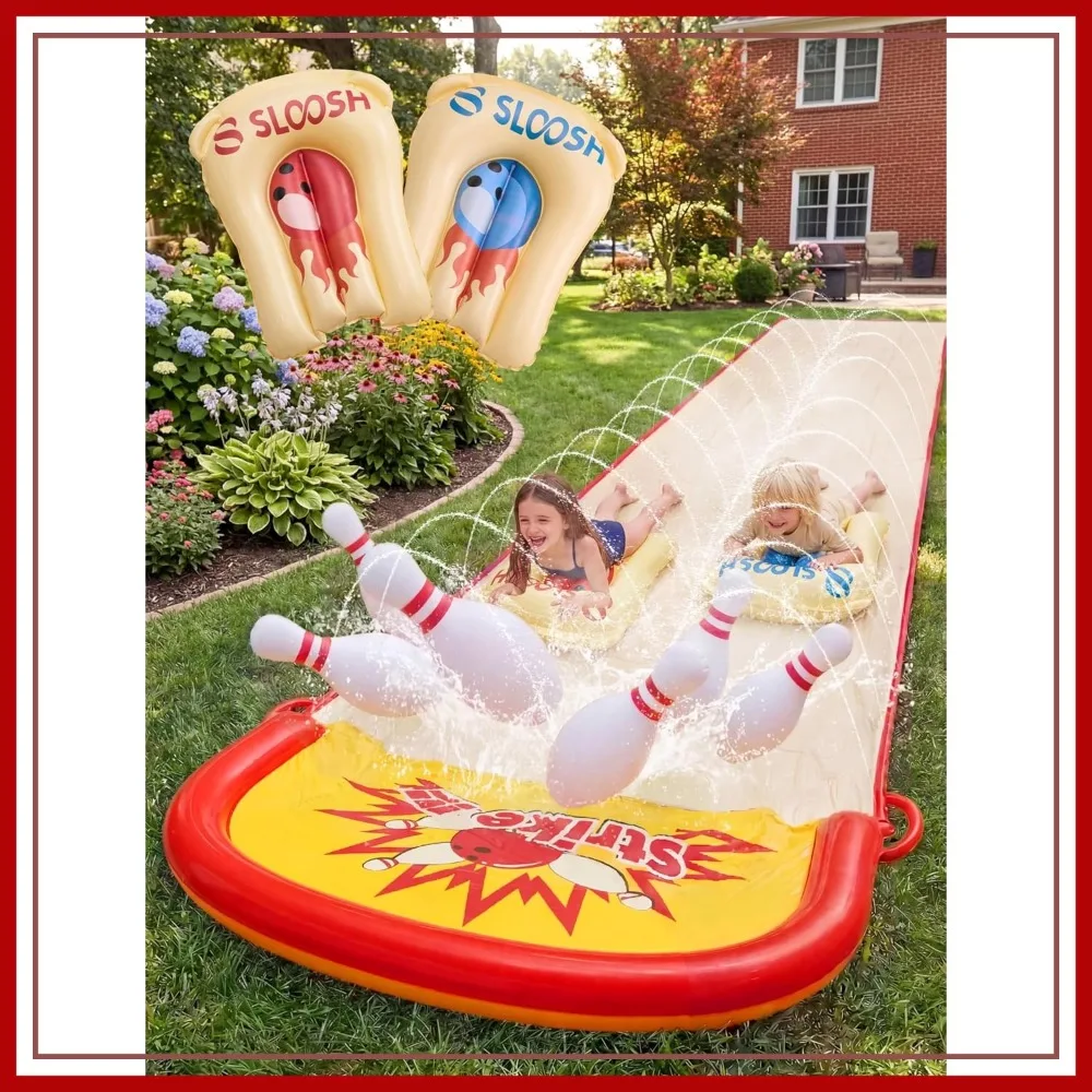 

20FT Water Slide Bowling Game Set with 2 Bodyboards & Sprinkler for Backyard Outdoor Fun
