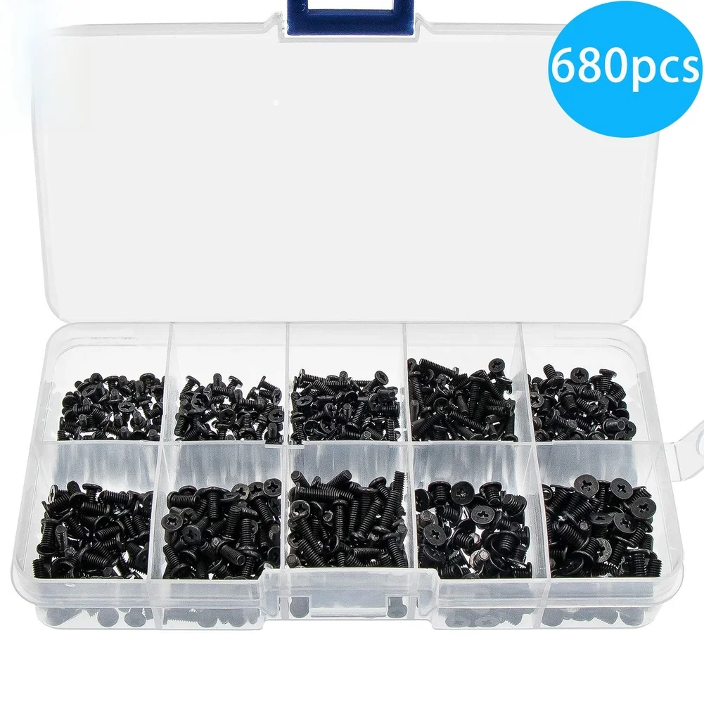 

680 шт. черных оцинкованных крестообразных винтов CM M2, M2.5, M-3 для ноутбуков, ультратонких компьютерных винтов с низкой плоской головкой
