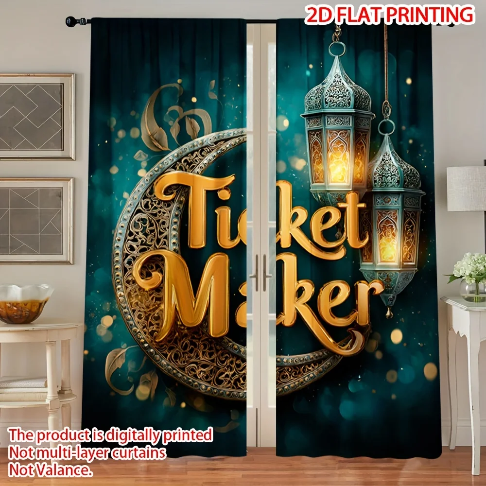 Islamic Ramadan Curtain Teal Gold Arabic Lantern Crescent Moon Drape Eid Mubarak Religious Window Treatment for Living Room Home