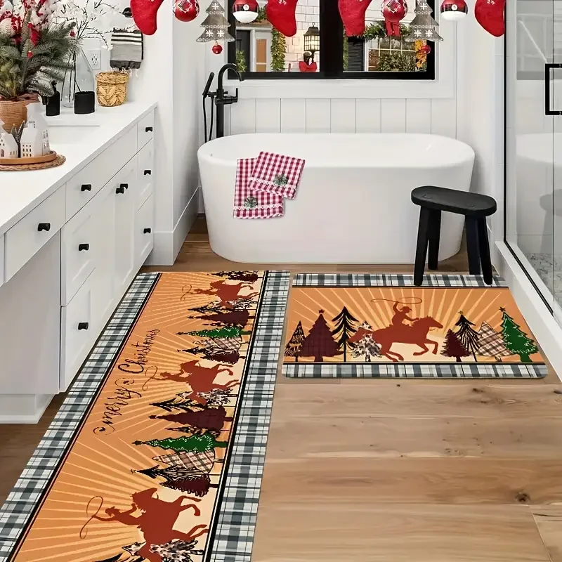 VIKAMA 2-Piece Christmas Happy Kitchen Carpet, Soft Anti-Slip Bathroom Floor Mat, Corridor Passage Floor Mat For Home Decoration