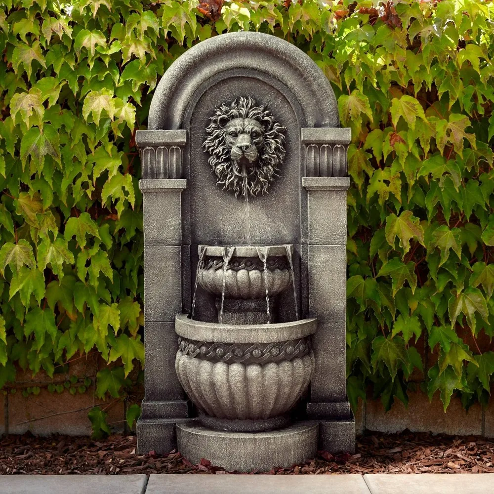 Fontana d'acqua a strati da parete per pavimento esterno romano con faccia di leone, alta 50 pollici, con luce a LED, per giardino, patio, cortile, terrazza, prato, portico