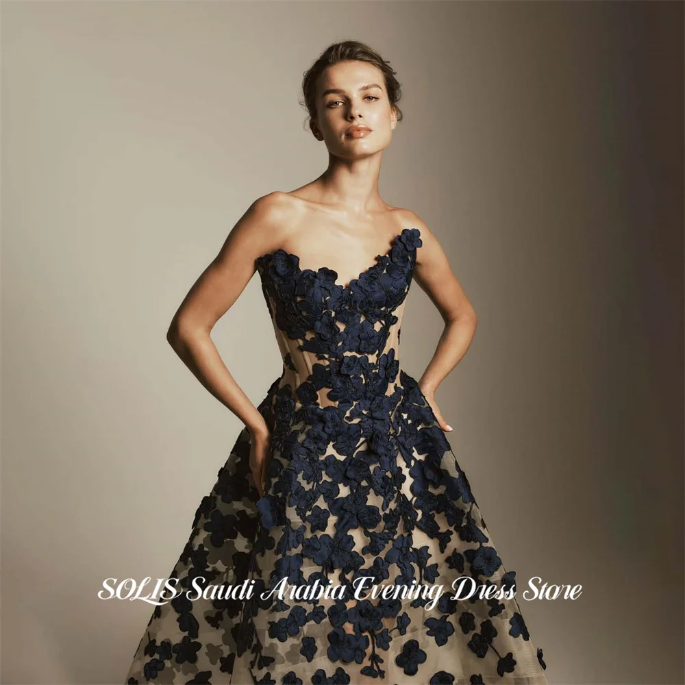 SOLIS Champagne and Navy Blue Evening Gown Strapless Prom Dress with 3D Floral Wedding Evening Dress robes de soirée Customized image 3
