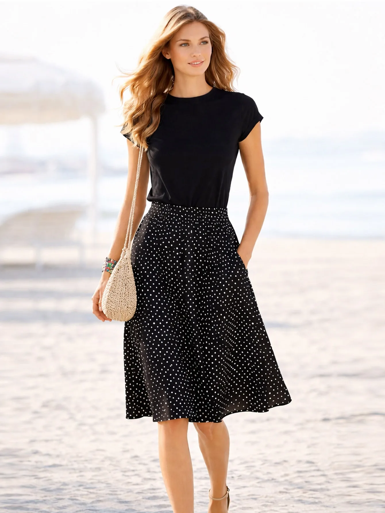 

Women’s Summer Elegant Short Sleeve Top and Polka Dot Skirt Set High Waist A Line Skirt Two Piece Outfit Suitable for Daily Wear