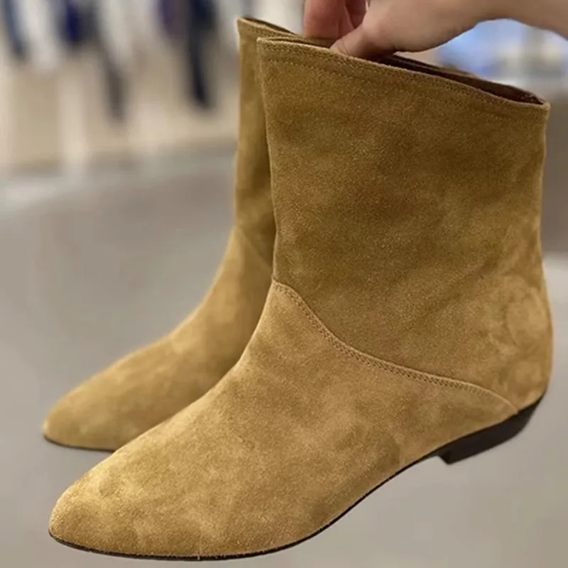 Western Retro Chelsea Boots For Women Leather Suede Pointed Toe Flat Female Shoes Fashion Designer Concise Brand Knight Boots