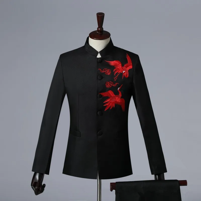 

Новый мужской костюм в китайском стиле с вышивкой и воротником-стойкой, 2 предмета: модный пиджак и брюки для свадьбы, выпускного вечера, вечеринки, выступлений
