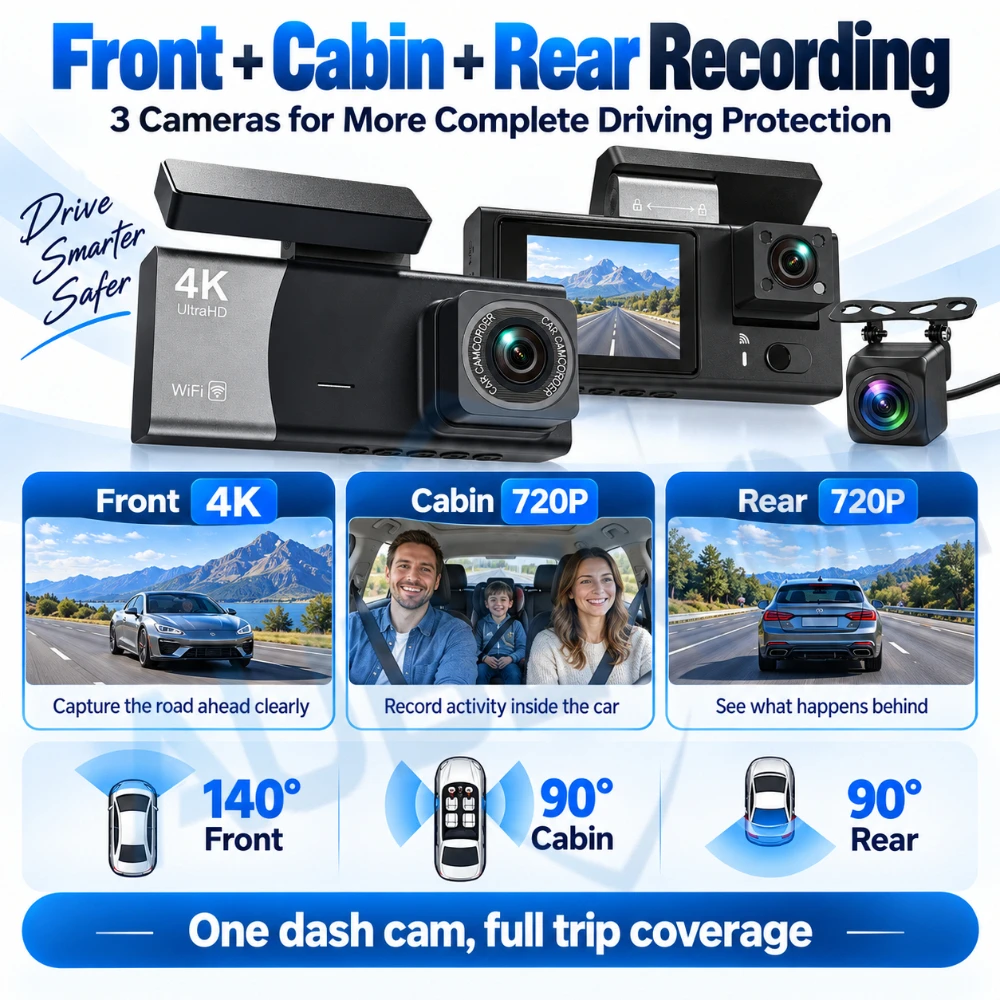 4K HD Dash Cam 3 Channel WiFi Car DVR Front Inside Rear Camera Night Vision Loop Recording G-Sensor APP Control Reverse for Cars