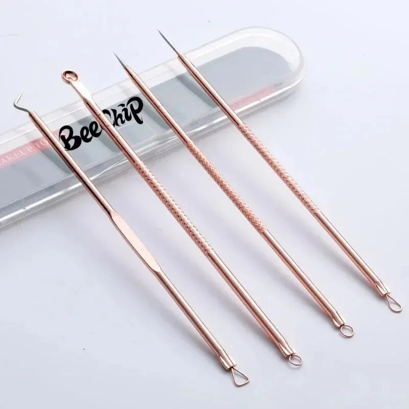 Rose Gold 4 Pcs Plating Double Head Acne Needle Black Head Removal Needle Portable Beauty Tool Set