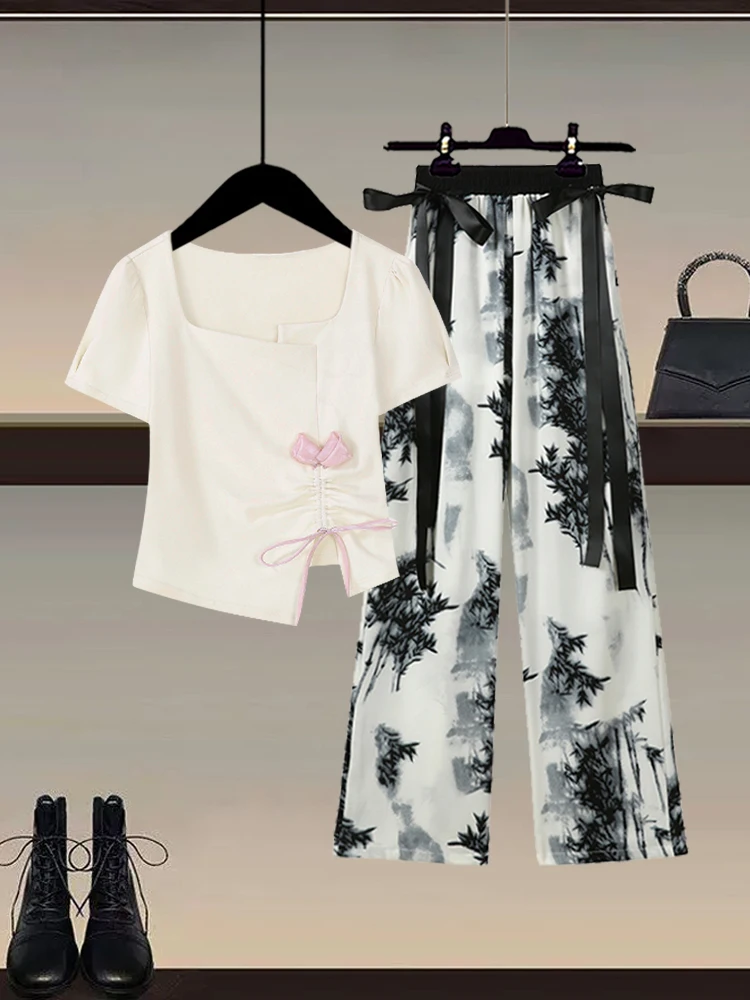 

Faionable Summer Outfit с галстуком-бабочкой для похудения талии ort Sve Top и брюки с принтом Ink Wa, комплект из двух предметов для женщин