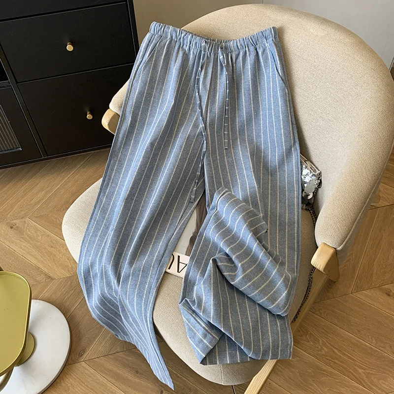 กางเกงขายาวผ้าลินินลายทางสีน้ำเงินทรงขากว้าง สวมใส่สบาย เอวสูง สำหรับผู้หญิง ฤดูร้อน สไตล์ลำลองแฟชั่น