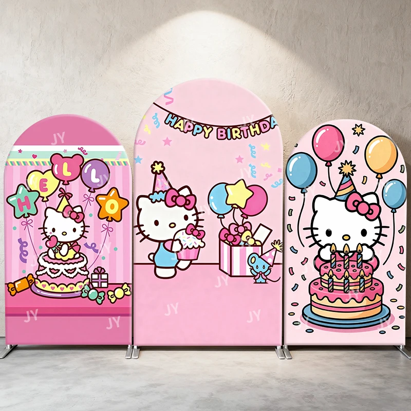 

Hello Kitty Arch Backdrop Cover Birthday Party Cake Balloons Lively Cute Cartoon Birthday and Baby Shower Photo Booth Decor