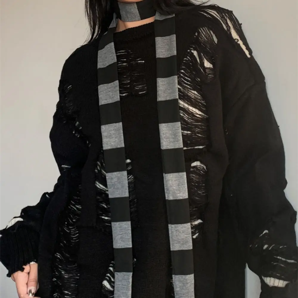 2024 Women Harajuku Cotton Scarves Y2k Black Grey Stripe Long Scarves 180cm Thin Long Decorative Neckerchief Fashion Streetwear